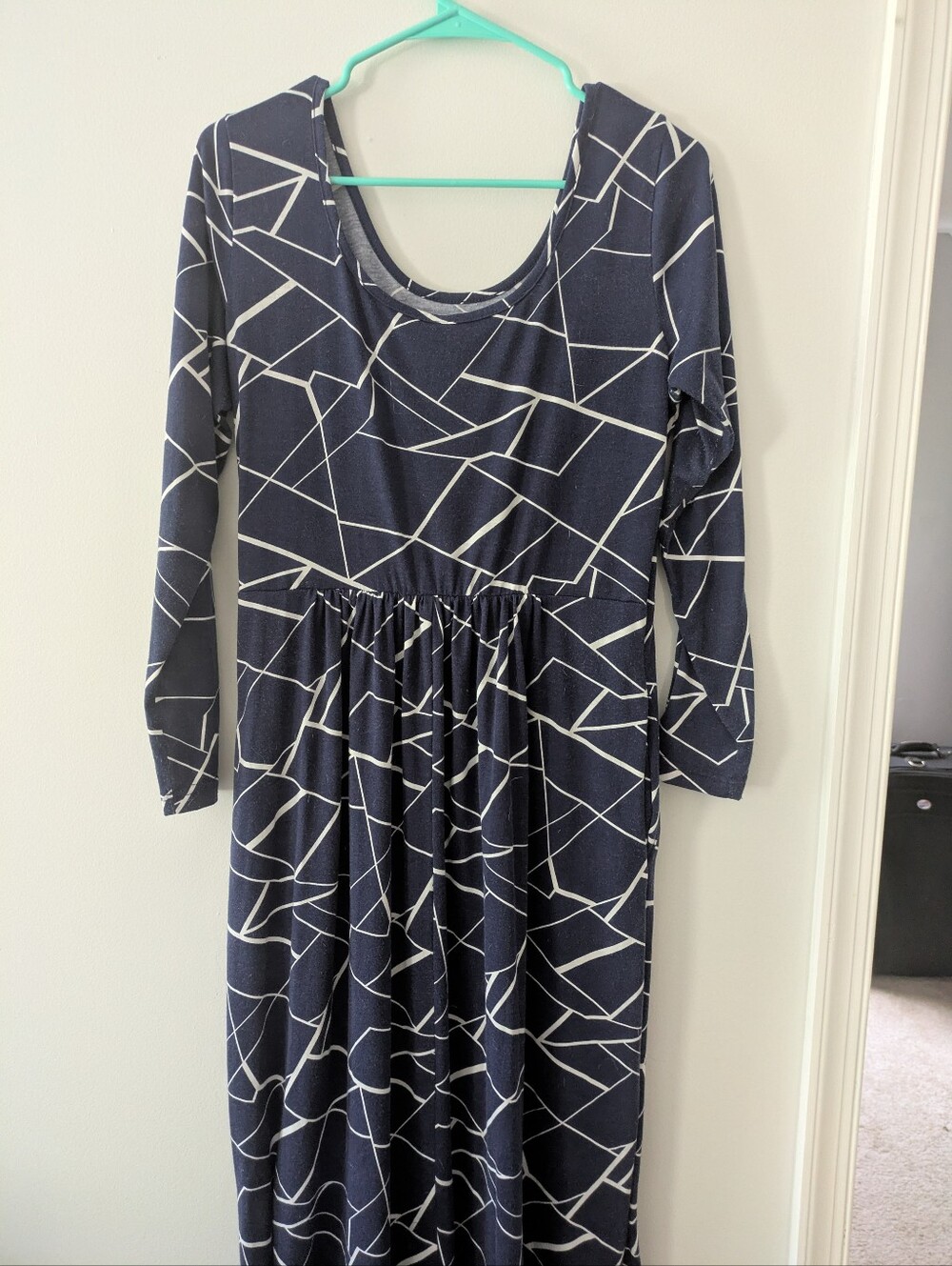 Long-Sleeve Maxi Dress Woosea XL Pockets Geometric Abstract Pattern Navy White